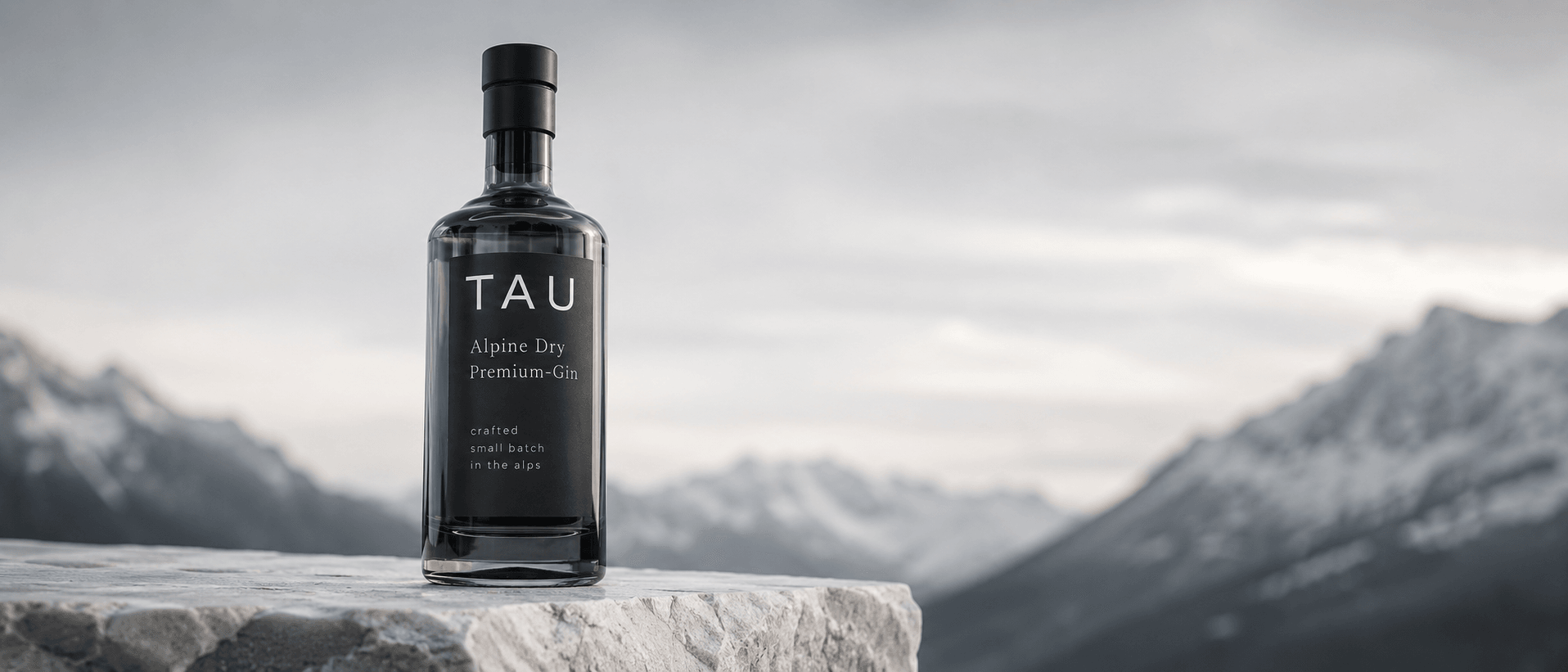 TAU bottle on a stone ledge above the Alps