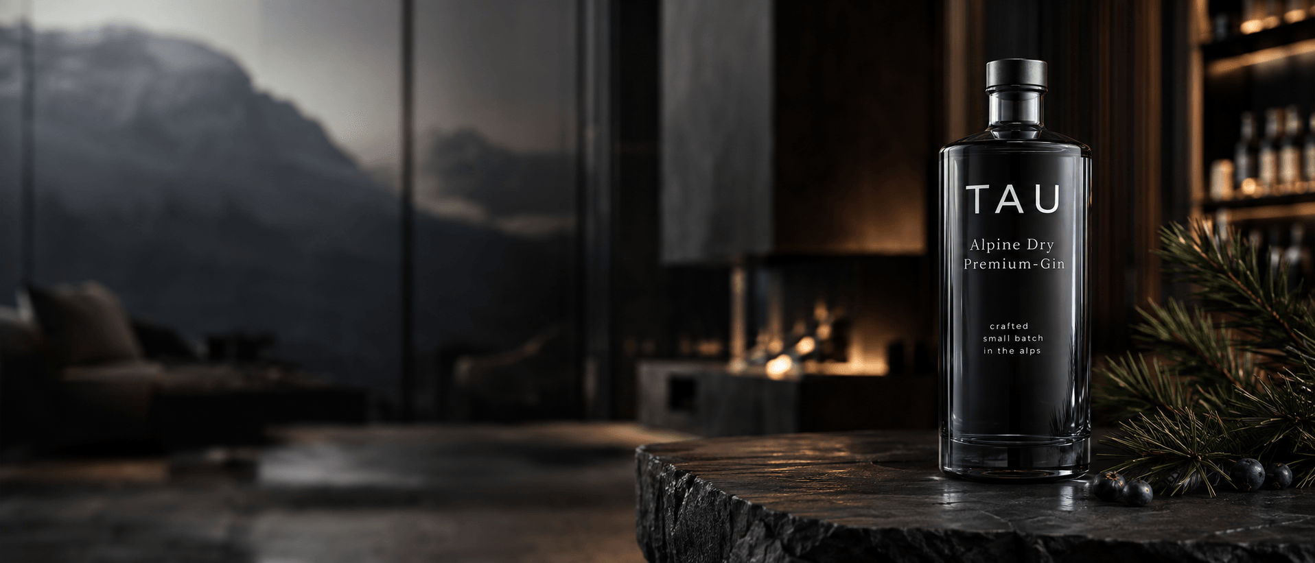 TAU bottle on a stone slab in a mountain living room at dusk