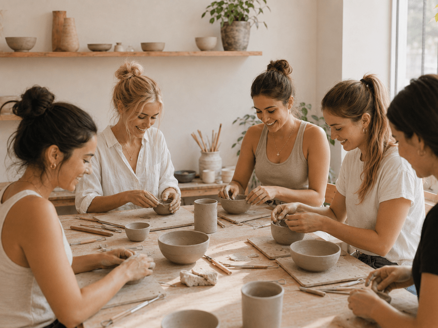 A group taking part in a pottery workshop together