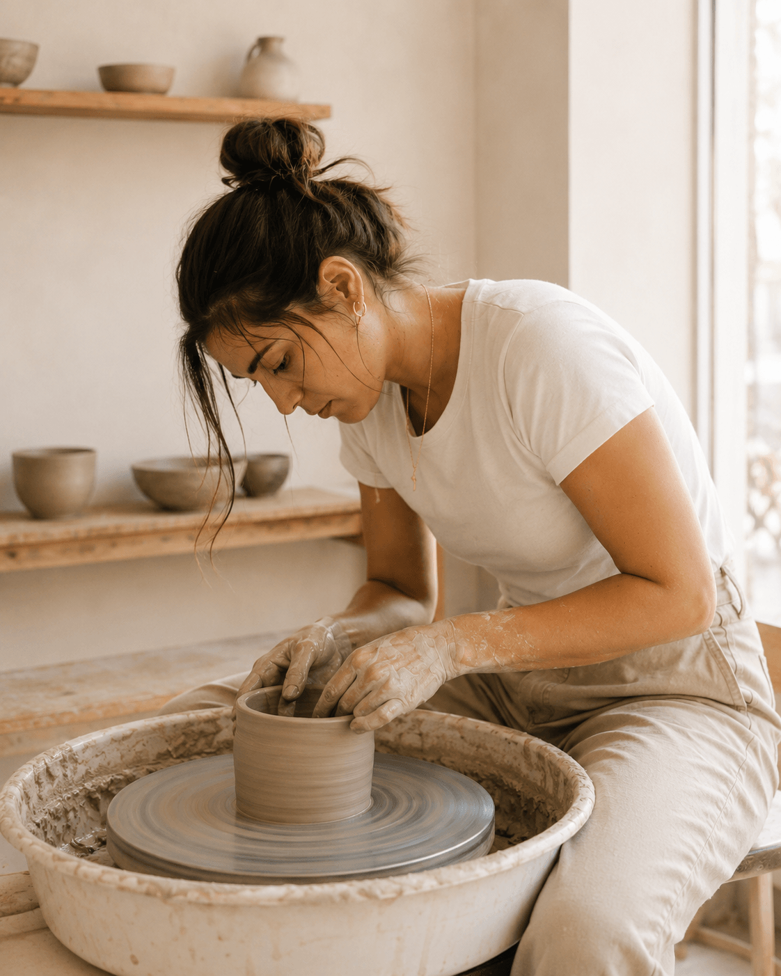 Woman shaping clay on a pottery wheel