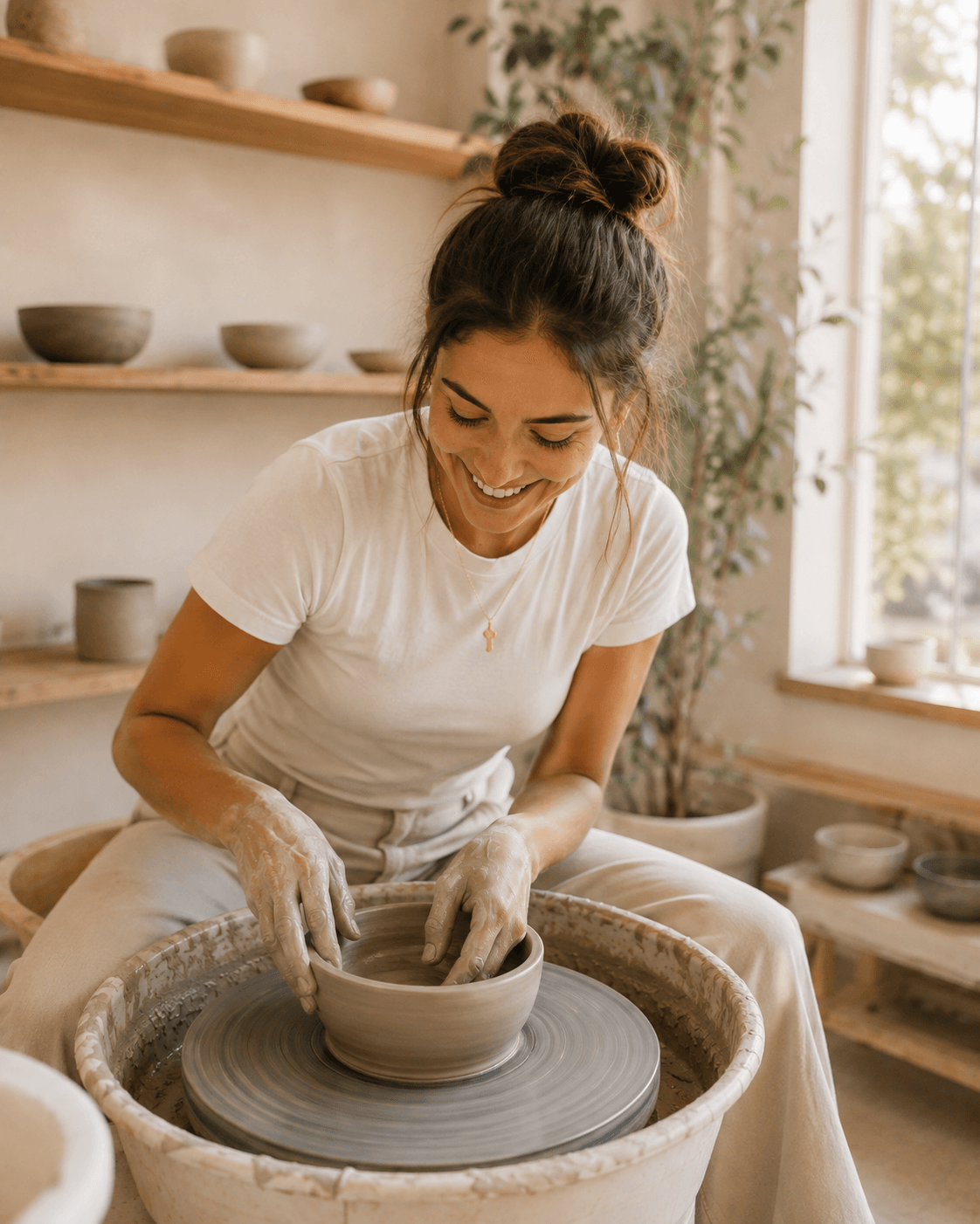 Smiling woman shaping a bowl on the pottery wheel